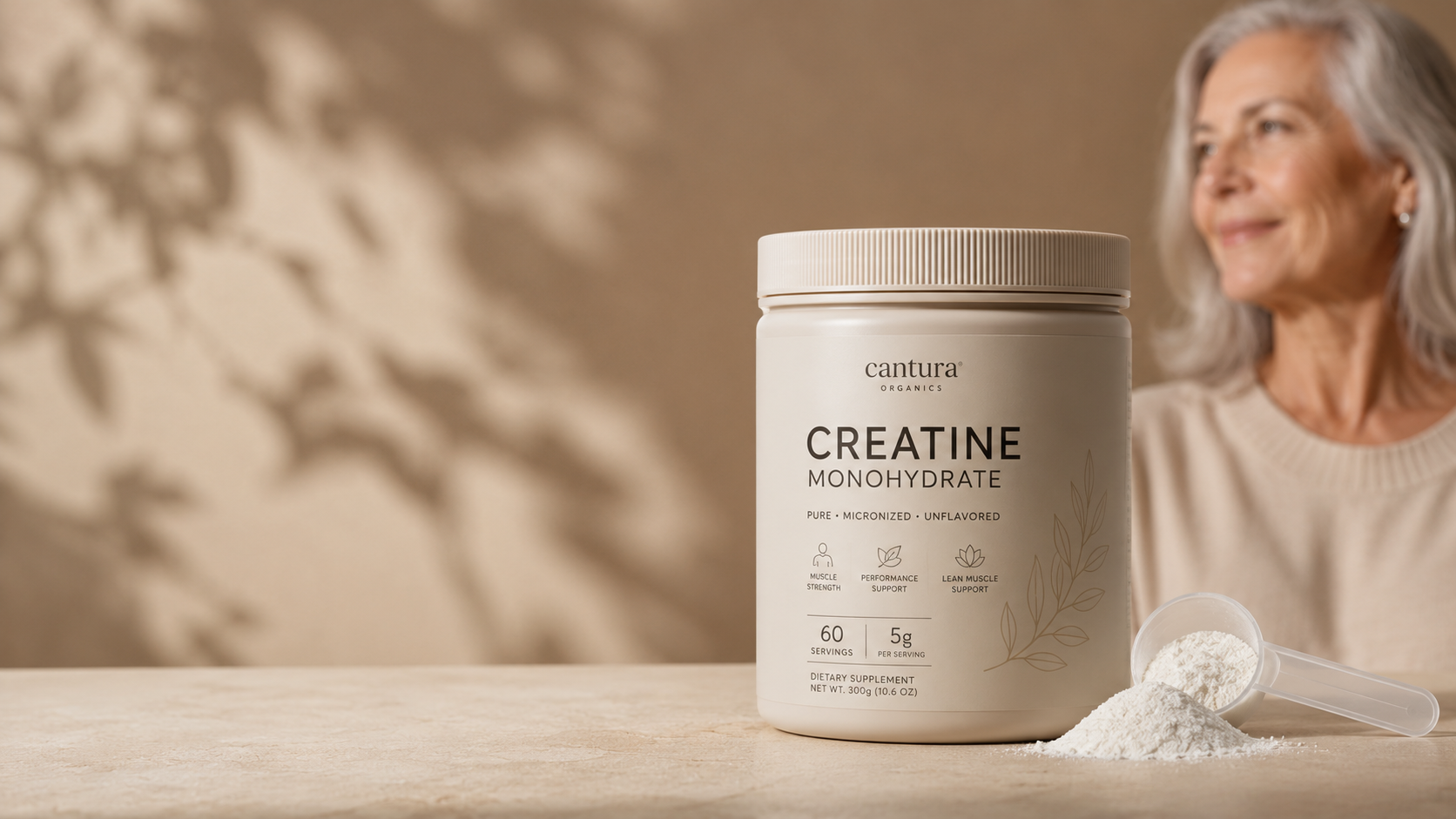 Cantura Organics Creatine Monohydrate tub with scoop of powder